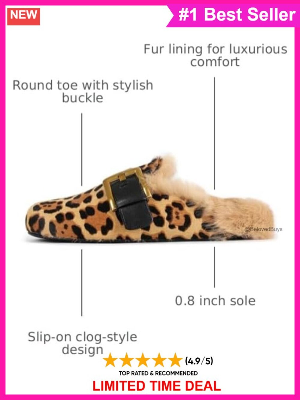 Faux Fur Lined Round Toe Slip On Mules Clogs with Buckle - Picture 2 of 6